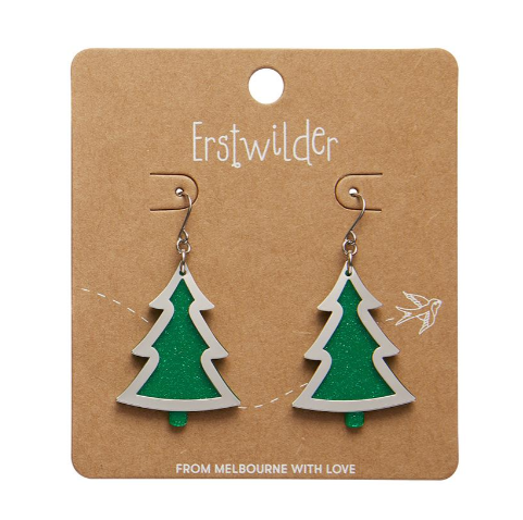 Erstwilder Merry Kitschmas Green Silver Christmas Tree Drop Earrings