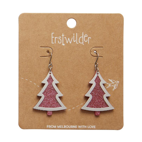 Erstwilder Merry Kitschmas Pink Silver Christmas Tree Drop Earrings