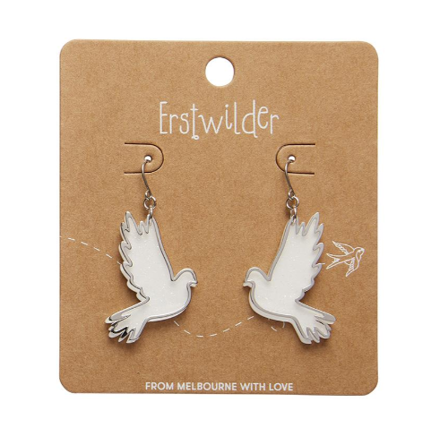 Erstwilder Merry Kitschmas White Silver Dove Drop Earrings