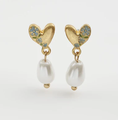 Fable England Forget Me Not Heart and Pearl Earrings