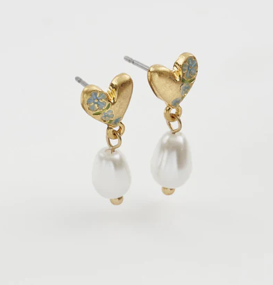 Fable England Forget Me Not Heart and Pearl Earrings